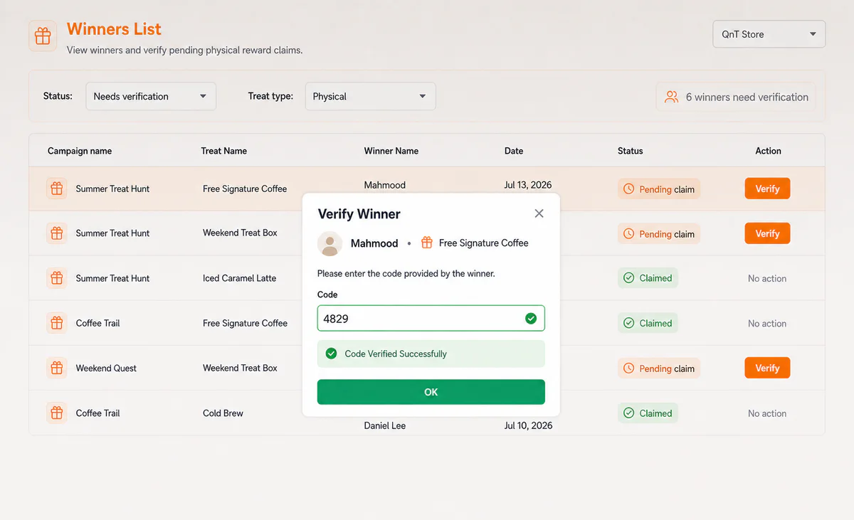 Quest And Treats winners list verifying a physical treat with a four-digit claim code