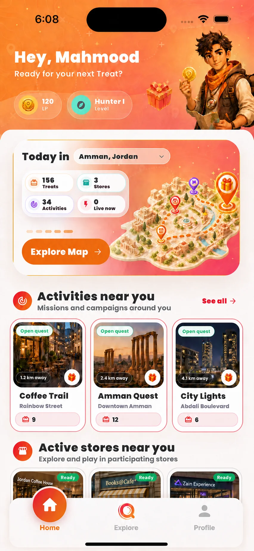 Quest And Treats home showing nearby quests, stores, activities, and treats