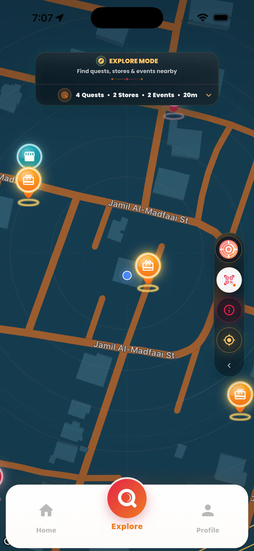 Quest And Treats Explore Mode showing nearby quests, stores, and events